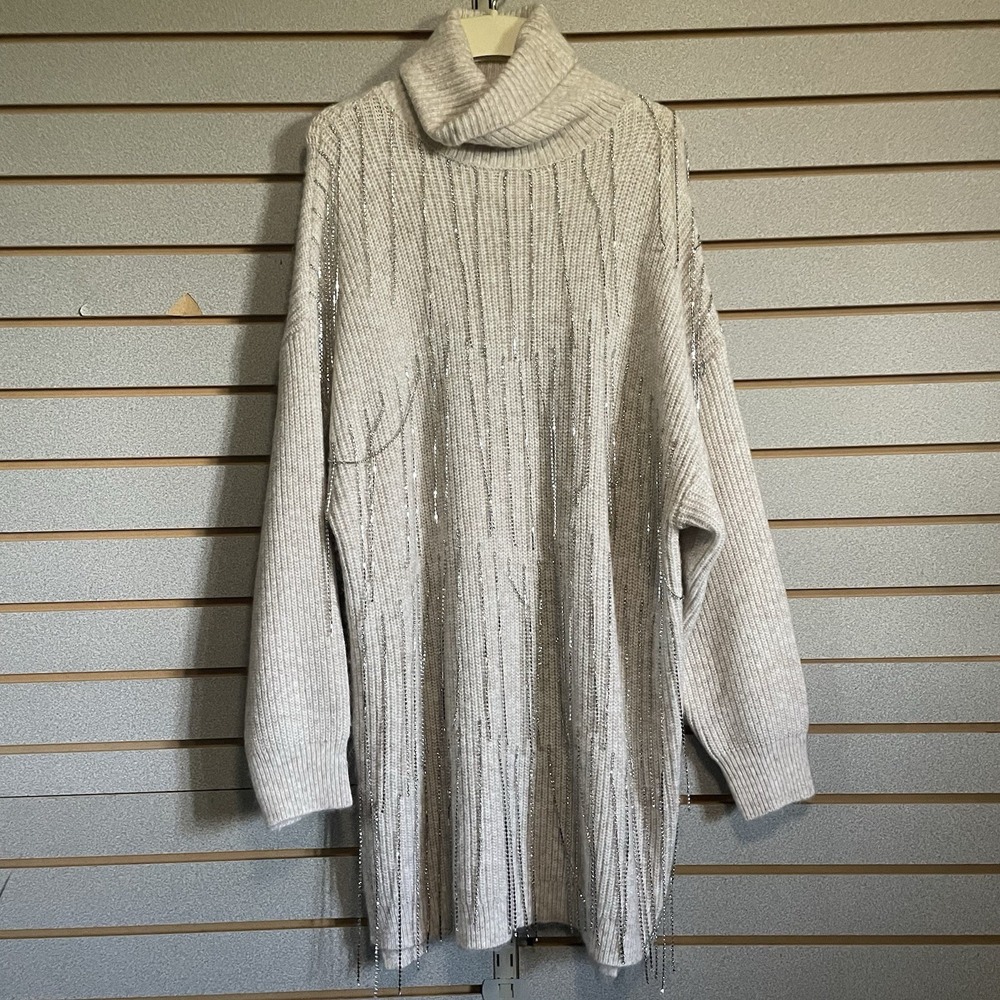 NWOTS Forever 21 L Sweater Dress RHINESTONE FRINGE Long Sleeve Knee Length Cream